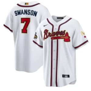 Men's Atlanta Braves#7 Dansby Swanson 2022 White/Gold World Series Champions Program Cool Base Stitched Baseball Jersey L5XX