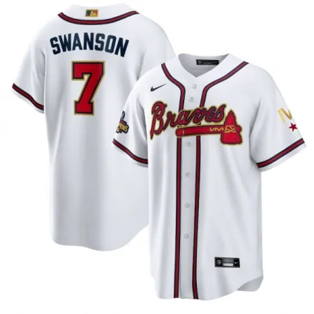 Men's Atlanta Braves#7 Dansby Swanson 2022 White/Gold World Series Champions Program Cool Base Stitched Baseball Jersey L5XX