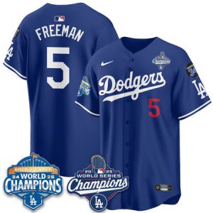 Men's Los Angeles Dodgers #5 Freddie Freeman Royal 2025 World Series Champions Jersey