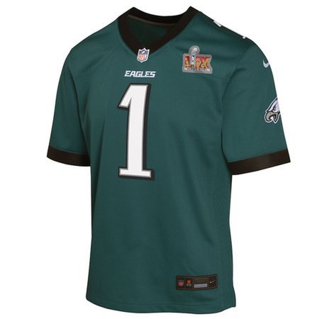 Youth Philadelphia Eagles #1 Jalen Hurts  Midnight Green Super Bowl LIX Game Player Jersey
