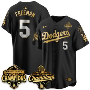 Youth Los Angeles Dodgers #5 Freddie Freeman Black 2025 World Series Champions Jersey