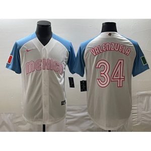 Men's Mexico Baseball #34 Fernando Valenzuela 2023 White Blue World Baseball Classic Stitched Jersey ESYC