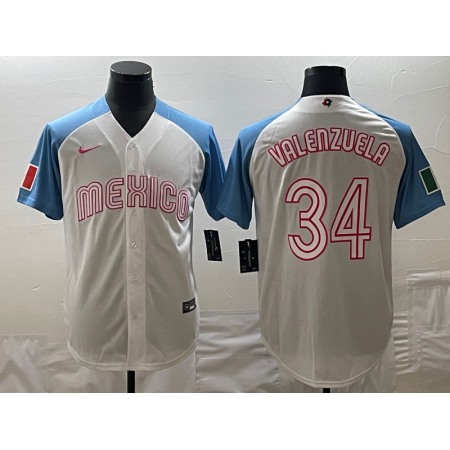 Men's Mexico Baseball #34 Fernando Valenzuela 2023 White Blue World Baseball Classic Stitched Jersey ESYC