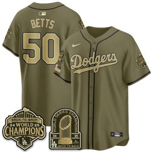 Youth Los Angeles Dodgers #50 Mookie Betts Olive New Era 2026 Armed Forces Day Jersey K0I4