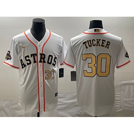 Men's Houston Astros #30 Kyle Tucker White 2023 Gold Collection With World Serise Champions Patch Cool Base Stitched Baseball Jersey EL4P