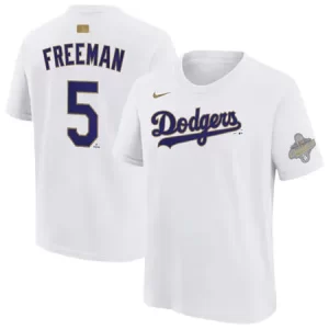 Men's Los Angeles Dodgers #5 Freddie Freeman Nike White 2026 Gold Collection Name & Number T-Shirt T8AG