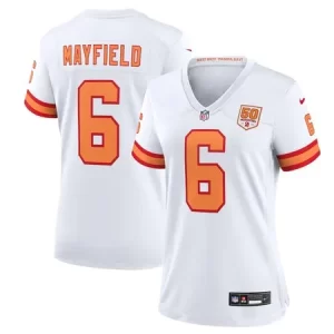 Women's '76 Tampa Bay Buccaneers #6 Baker Mayfield White 50th Season Game Jersey