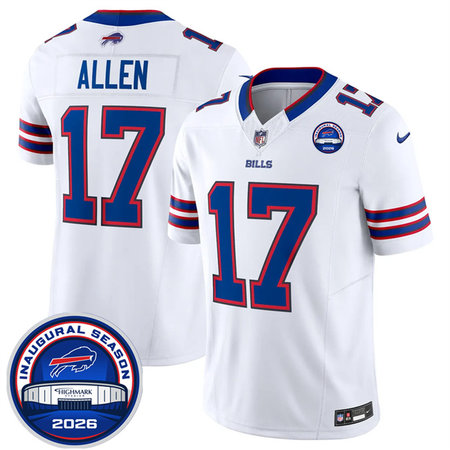326088dab896982f6260d77bb964f6c8.jpeg Youth Buffalo Bills #17 Josh Allen White 2026 Inaugural Season at Highmark Stadium Patch Vapor F.U.S.E. Limited Jersey
