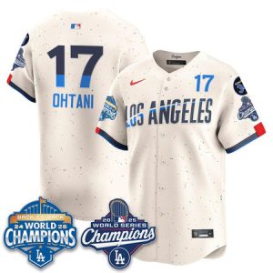 Men's Los Angeles Dodgers #17 Shohei Ohtani Cream 2025 World Series Champions Jersey