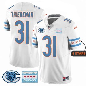 Men's Chicago Bears #31 Dillon Thieneman White City Edition With Chicago Flag Vapor F.U.S.E. Untouchable Limited Jersey