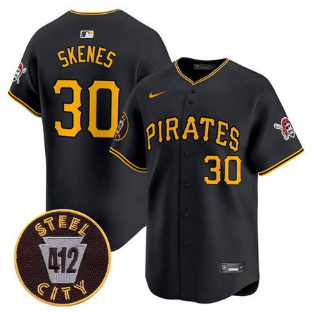 Men's Pittsburgh Pirates #30 Paul Skenes Black 412 Patch Limited V3 Jersey