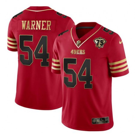 45157aa5bbf81eddcd16fc660c89ba53.jpeg Men's San Francisco 49ers #54 Fred Warner Red Gold With 75th Anniversary Patch Stitched Jersey