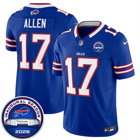 477531eac36ea4d1a163fde0d7c0d526.jpeg Men's Buffalo Bills #17 Josh Allen Blue 2026 Inaugural Season at Highmark Stadium Vapor F.U.S.E. Limited Jersey
