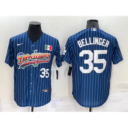 Men's Los Angeles Dodgers #35 Cody Bellinger Navy Mexico Rainbow Cool Base Stitched Baseball Jersey H56N