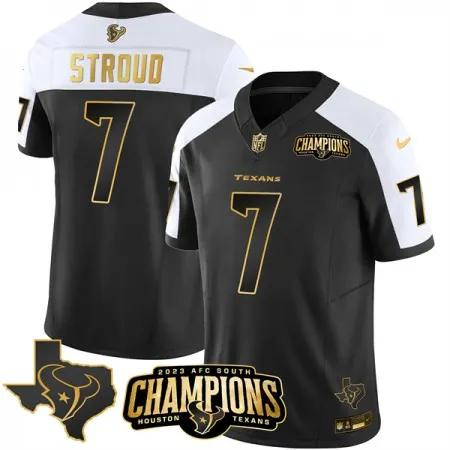 5be06ddde7501a277918073c05e21de9.webp Men's Houston Texans #7 C.J. Stroud Black/White Golden 2023 F.U.S.E. With AFC South Champions Patch And Team Logo Patch Limited Stitched Football Jersey
