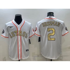 Men's Houston Astros #2 Alex Bregman White Gold 2022 World Series Stitched Baseball Jersey 34AG