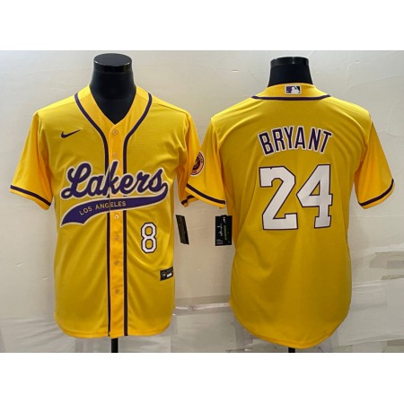 Men's Los Angeles Lakers Front #8 Back #24 Kobe Bryant Yellow Cool Base Stitched Baseball Jersey 1T0S