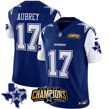 7ddc2a106e6988338484db8899423257.jpeg Men's Dallas Cowboys #17 Brandon Aubrey Blue/White 2023 F.U.S.E. NFC East Champions Patch Stitched Football Jersey