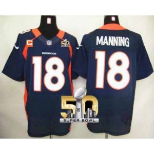 Broncos #18 Peyton Manning Navy Blue With C Patch Super Bowl 50 Men's Stitched NFL Elite Jersey
