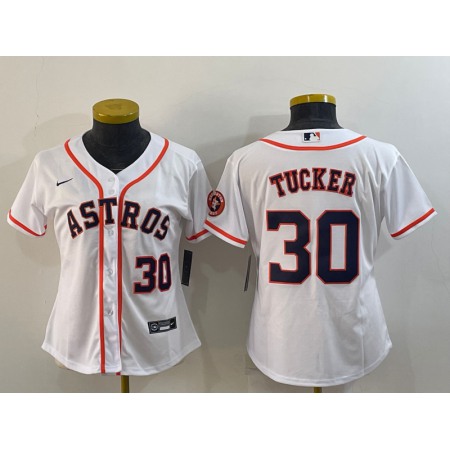 Women's Houston Astros #30 Kyle Tucker White With Patch Cool Base Stitched Baseball Jersey(Run Small) 4GKK