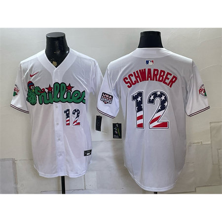 Men's Philadelphia Phillies #12 Kyle Schwarber White Phanatic USA 250 Fourth of July Jersey DAR5