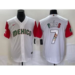Men's Mexico Baseball #7 Julio Urias 2023 White Red World Baseball With Patch Classic Stitched Jersey C3M2