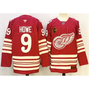 Men's Detroit Red Wings #9 Gordie Howe Red 2025-26 With C Patch Centennial Premium Stitched Hockey Premium Jersey