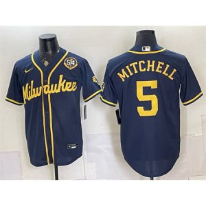 Men's Milwaukee Brewers #5 Garrett Mitchell Navy With Home & Bob Uecker Patch Limited Jersey