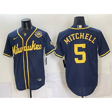 Men's Milwaukee Brewers #5 Garrett Mitchell Navy With Home & Bob Uecker Patch Limited Jersey