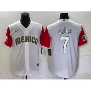 Men's Mexico Baseball #7 Julio Urias 2023 White Red World Baseball With Patch Classic Stitched Jersey BWTN