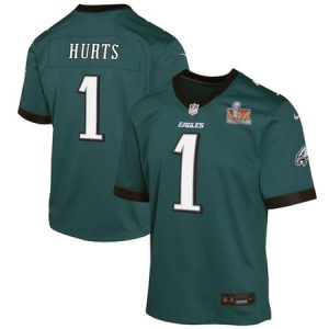 Youth Philadelphia Eagles #1 Jalen Hurts  Midnight Green Super Bowl LIX Game Player Jersey