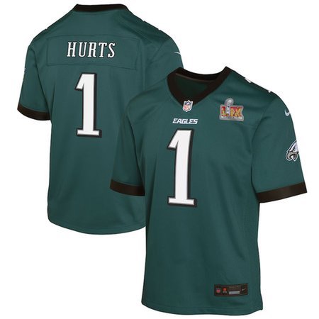 Youth Philadelphia Eagles #1 Jalen Hurts  Midnight Green Super Bowl LIX Game Player Jersey