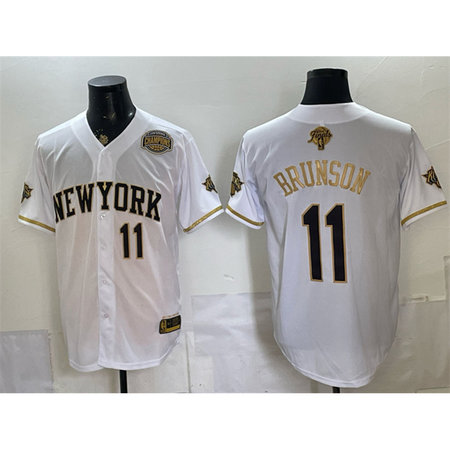 Men's New York Knicks #11 Jalen Brunson White Gold 2026 Finals & Eastern Conference Champions Patch Stitched Baseball Jersey