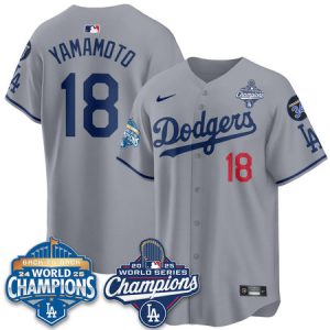 Youth Los Angeles Dodgers #18 Yoshinobu Yamamoto Gray 2025 World Series Champions Jersey