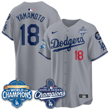 Youth Los Angeles Dodgers #18 Yoshinobu Yamamoto Gray 2025 World Series Champions Jersey