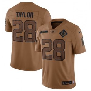 c4e1a4edebef4e842dee4b4358aab112.jpeg Men's Indianapolis Colts #28 Jonathan Taylor 2023 Brown Salute To Sertvice Stitched Football Jersey
