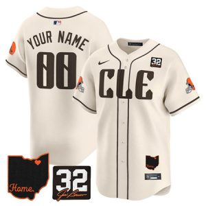 Men's Cleveland Browns Cream 2025 Jim Brown Memorial & Home Patch Vapor Limited Custom Jersey