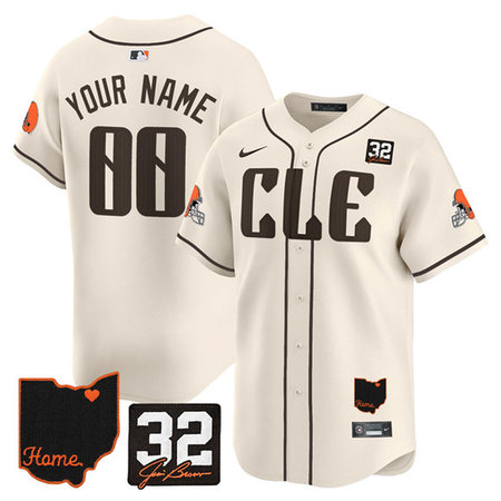 Men's Cleveland Browns Cream 2025 Jim Brown Memorial & Home Patch Vapor Limited Custom Jersey