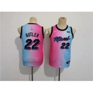 cb682a2d18e9b4e531e242427443394e.jpeg Youth Miami Heat #22 Jimmy Butler Blue/Pink City Edition Stitched Jersey
