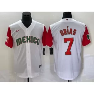 Men's Mexico Baseball #7 Julio Urias 2023 White Red World Baseball With Patch Classic Stitched Jersey 8ZI3