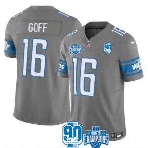 d242e02bc3c0a7154582627f3587772f.jpeg Men's Detroit Lions #16 Jared Goff Grey 2023 F.U.S.E. 90th Anniversary NFC North Division Champions Vapor Untouchable Limited Stitched Jersey