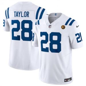 dee9db2482b075e90a969063ccfe1309.jpeg Men's Indianapolis Colts #28 Jonathan Taylor White 2023 F.U.S.E. With John Madden Patch Vapor Limited Stitched Football Jersey