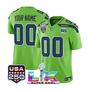 Men's Seattle Seahawks Custom Green Super Bowl LX Patch 50th Season & USA 250' Patch Vapor F.U.S.E. Limited Jersey