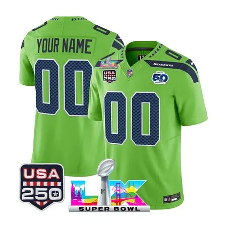 Men's Seattle Seahawks Custom Green Super Bowl LX Patch 50th Season & USA 250' Patch Vapor F.U.S.E. Limited Jersey