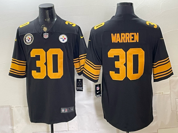 yp252804201-032 Men’s Pittsburgh Steelers Jaylen Warren #30 Nike Black 2026–27 Commemorative Patch Football Jersey KKB032