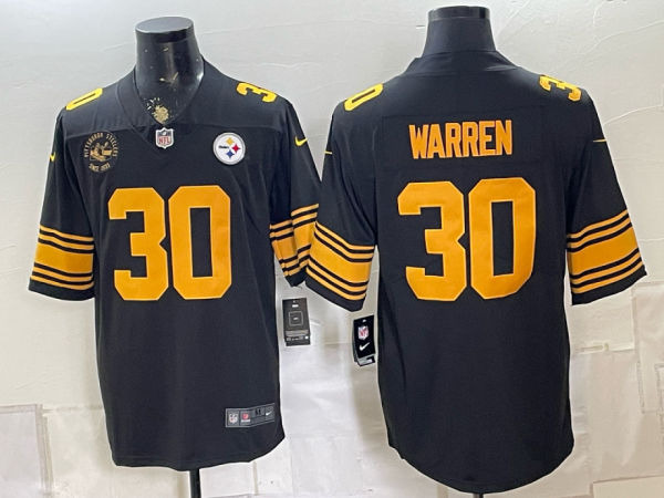 Men’s Pittsburgh Steelers Jaylen Warren #30 Nike Black 2026–27 Commemorative Patch Football Jersey KKB035