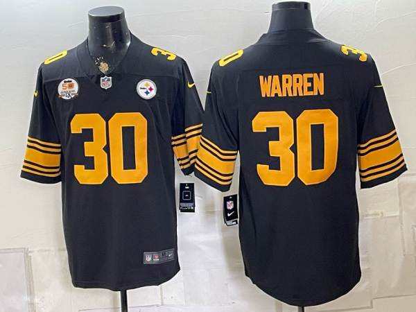 Men’s Pittsburgh Steelers Jaylen Warren #30 Nike Black 2026–27 Commemorative Patch Football Jersey KKB038