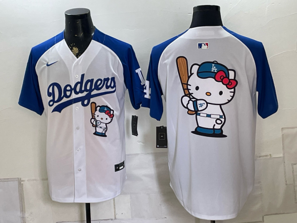 Men’s Los Angeles Dodgers Nike White and Blue 2026–27 Hello Kitty Baseball Jersey KKB054