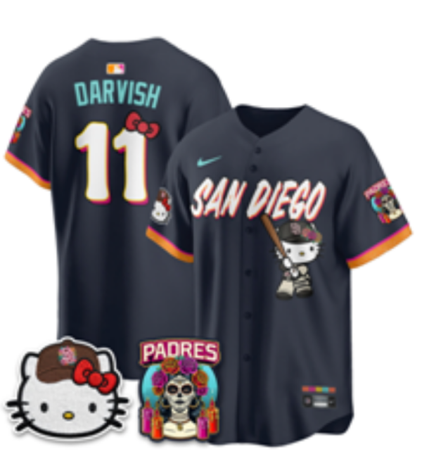 yp252804201-061 Men’s San Diego Padres Yu Darvish #11 Nike Navy 2026–27 Hello Kitty Tucson Baseball Jersey KKB061