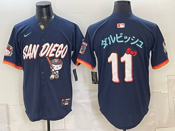 Men’s San Diego Padres Yu Darvish #11 Nike Navy Japanese Name 2026–27 Hello Kitty Tucson Baseball Jersey KKB064